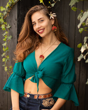 Cotton Butterfly Bell Sleeve Wrap Crop Top Turquoise