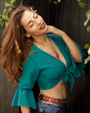 Cotton Butterfly Bell Sleeve Wrap Crop Top Turquoise