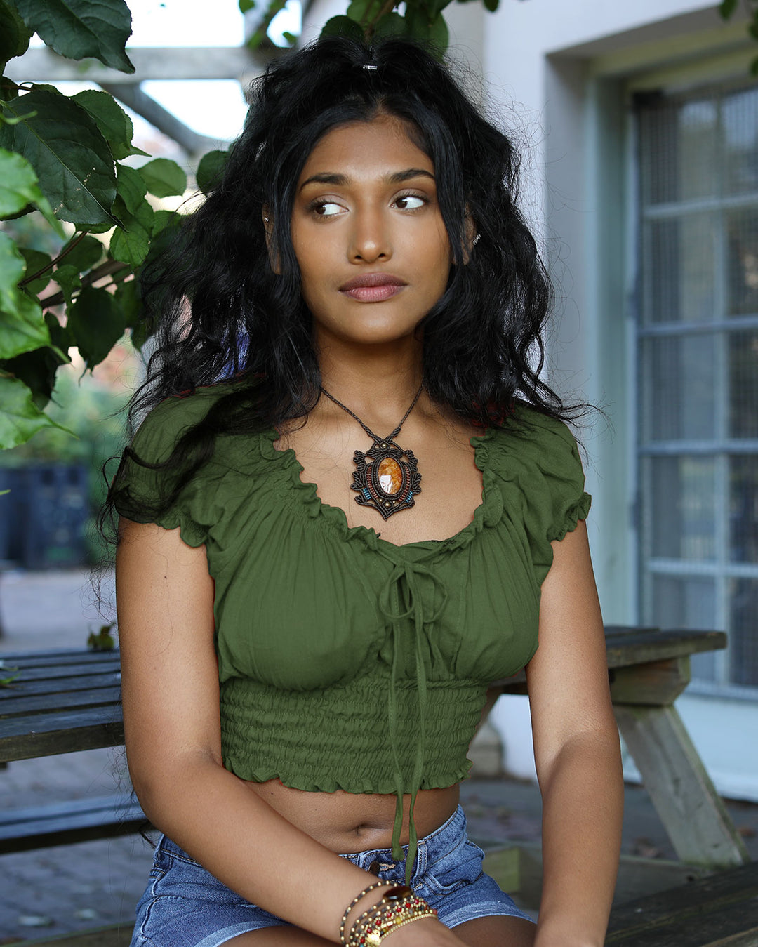 Boho Cotton Bardot Crop Top Green blackpearlshop