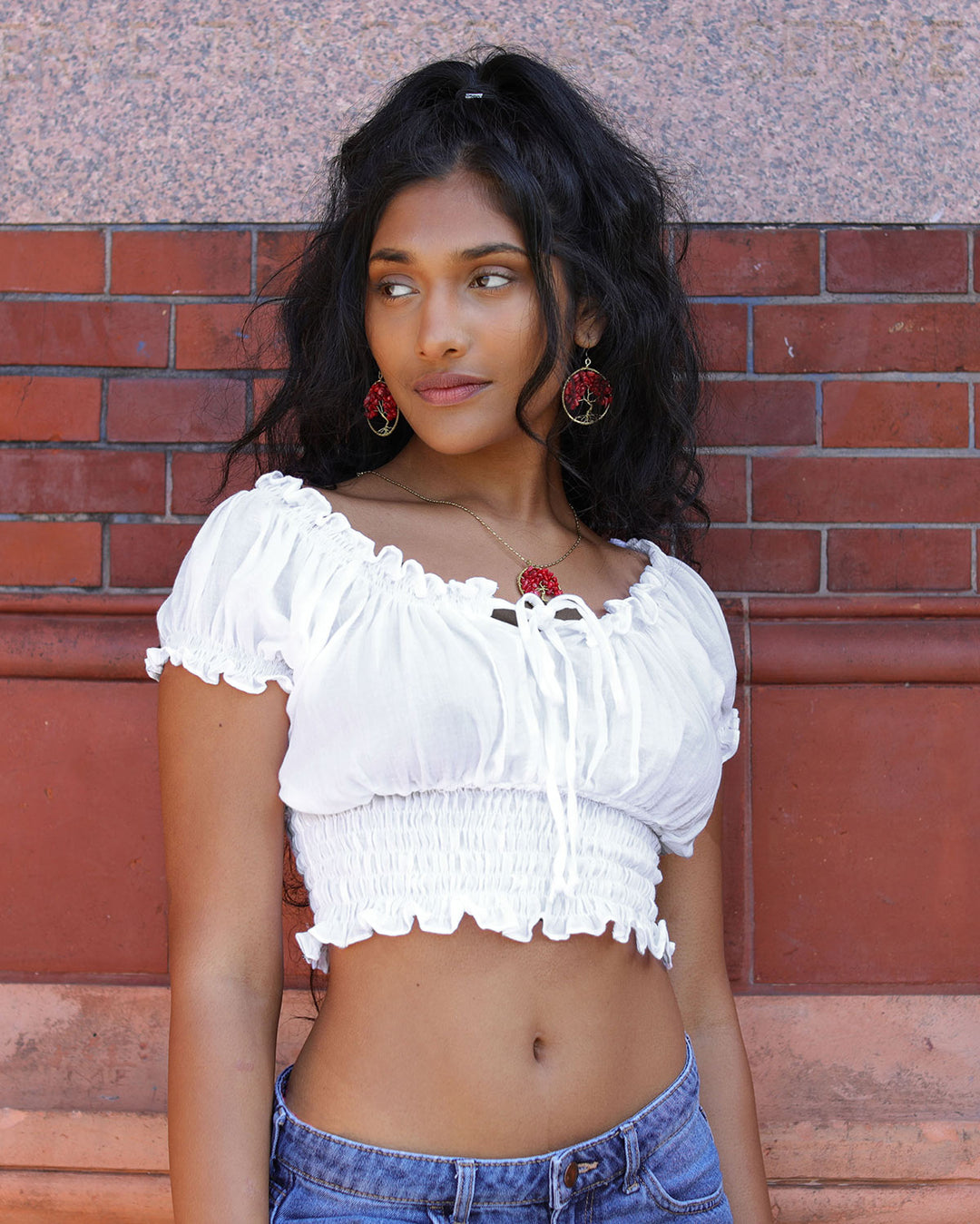 Boho Cotton Bardot Crop Top White