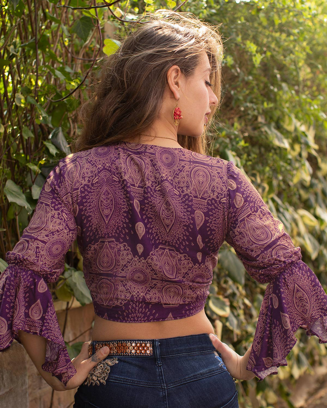 Butterfly Bell Sleeve Wrap Crop Top Purple