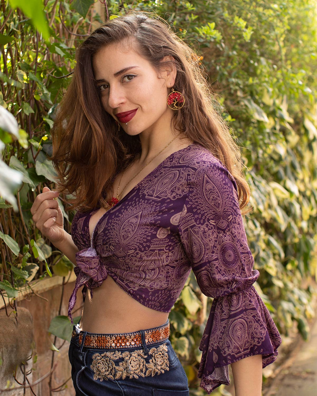 Butterfly Bell Sleeve Wrap Crop Top Purple