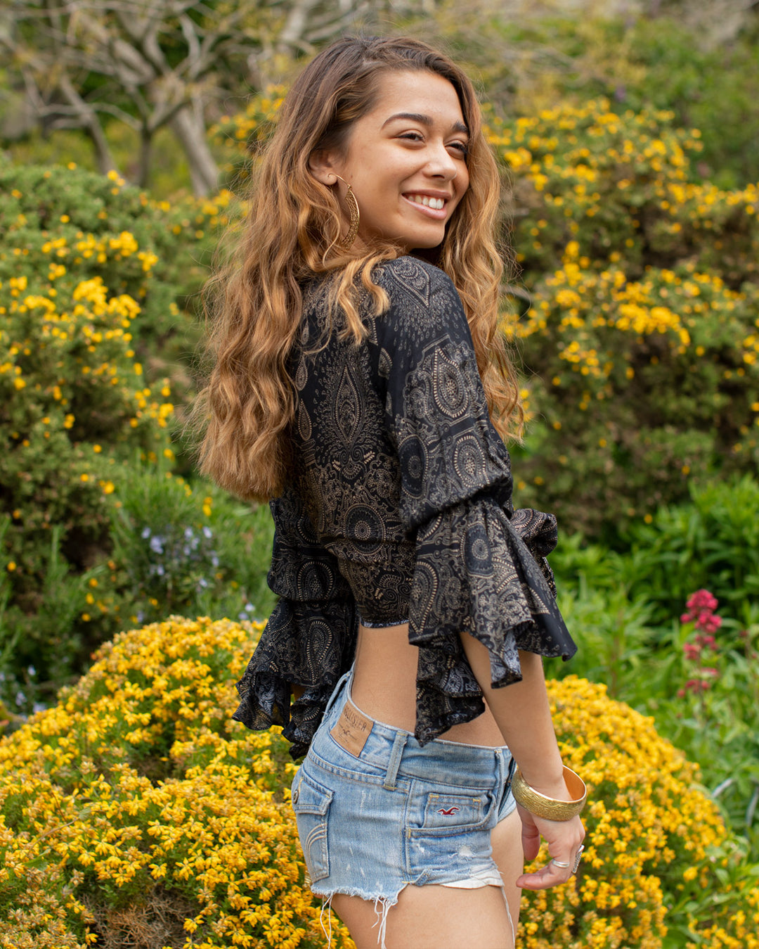 Butterfly Bell Sleeve Wrap Crop Top Black