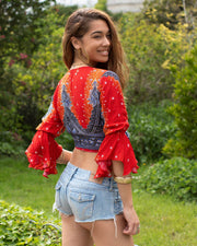 Butterfly Bell Sleeve Wrap Crop Top Red