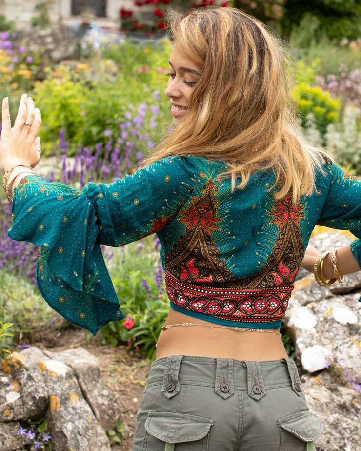 Butterfly Bell Sleeve Wrap Crop Top Turquoise