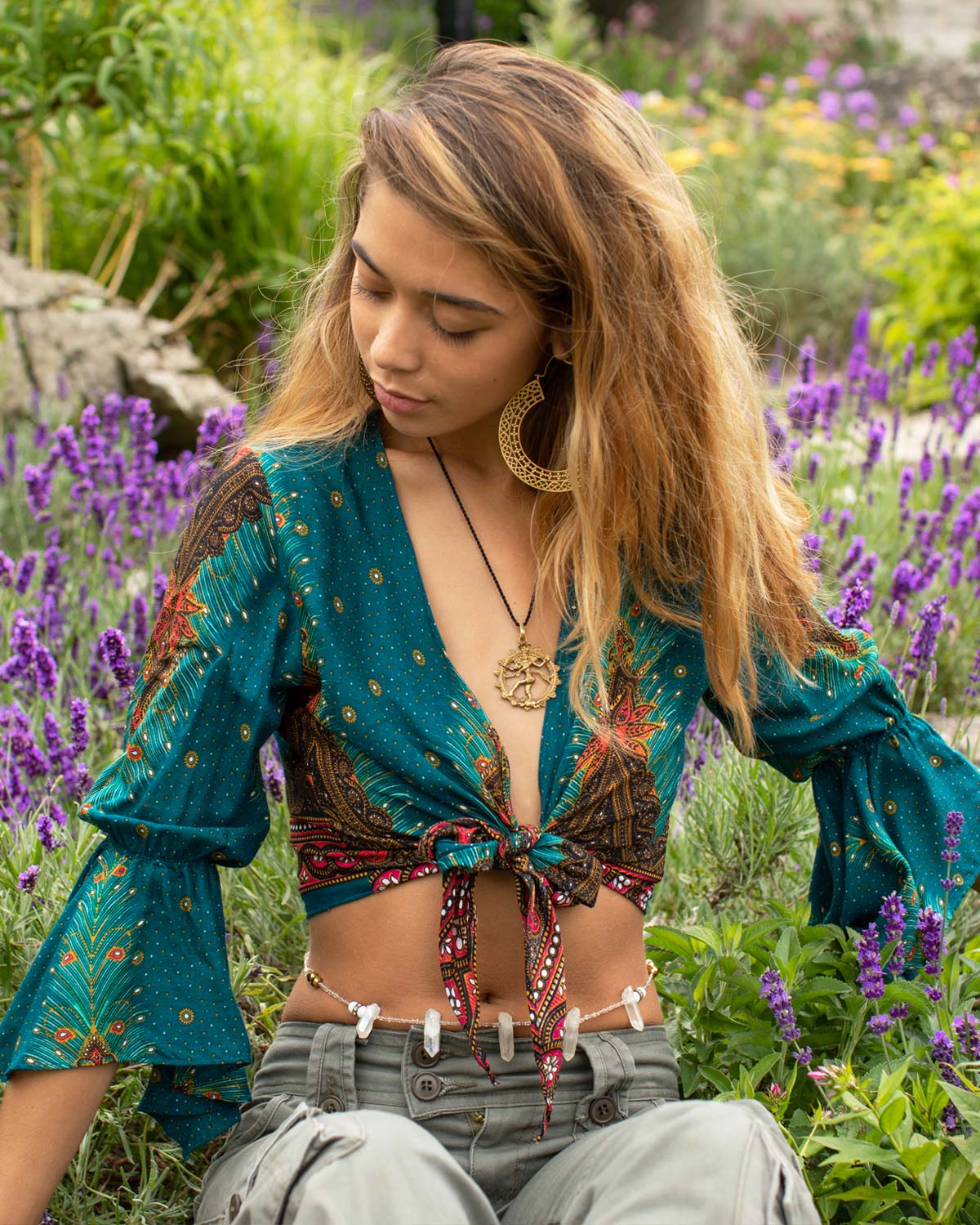 Butterfly Bell Sleeve Wrap Crop Top Turquoise –
