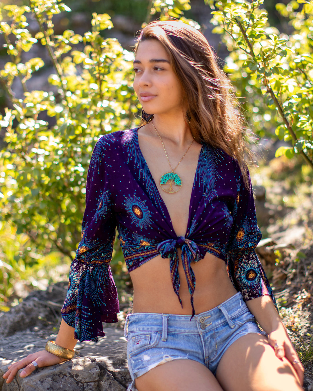 Butterfly Bell Sleeve Wrap Crop Top Purple