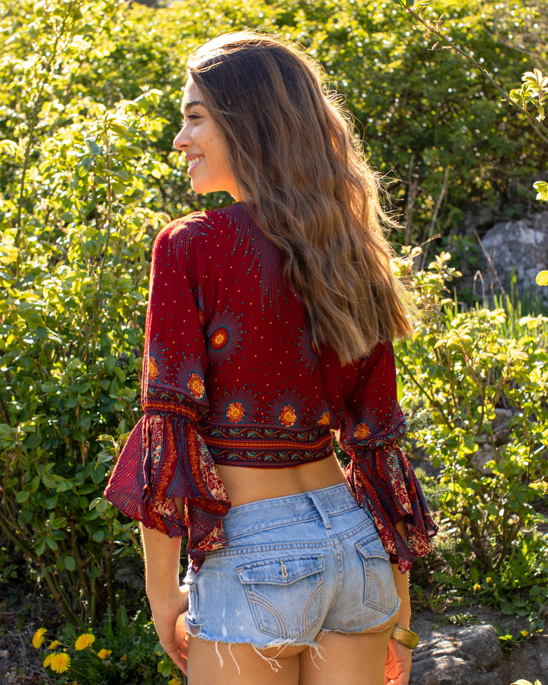 Butterfly Bell Sleeve Wrap Crop Top Dark Red