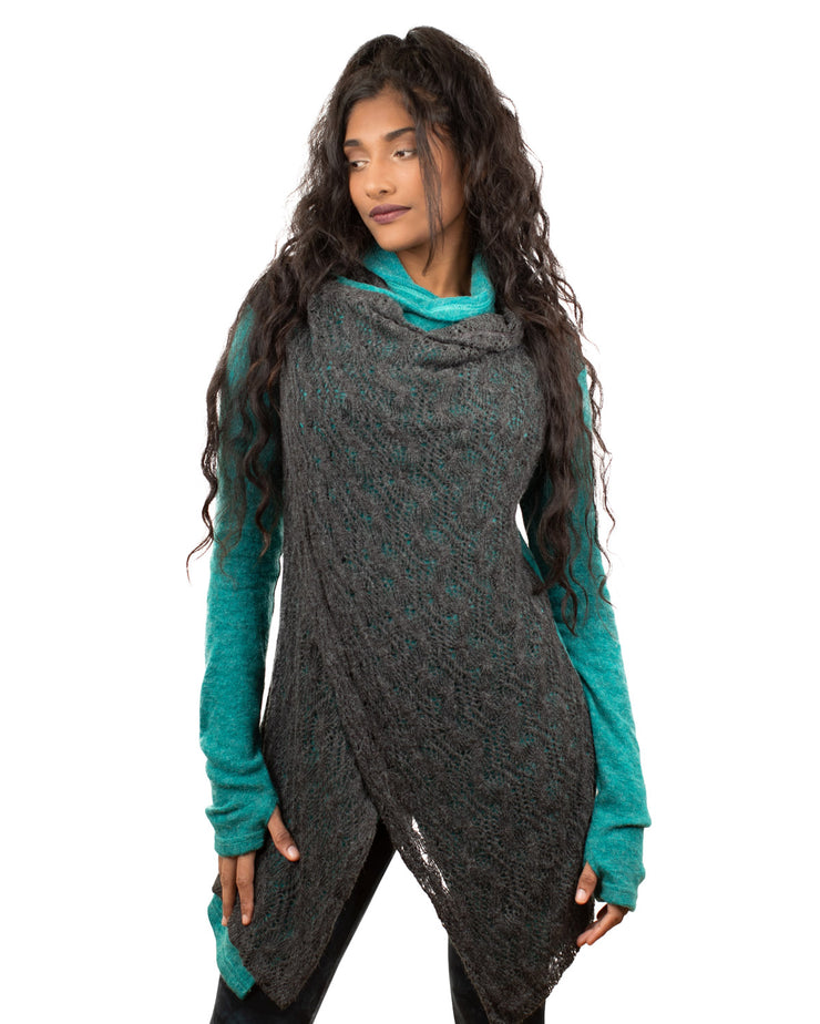 Lace Crochet Crossover Cardigan Turquoise/Grey