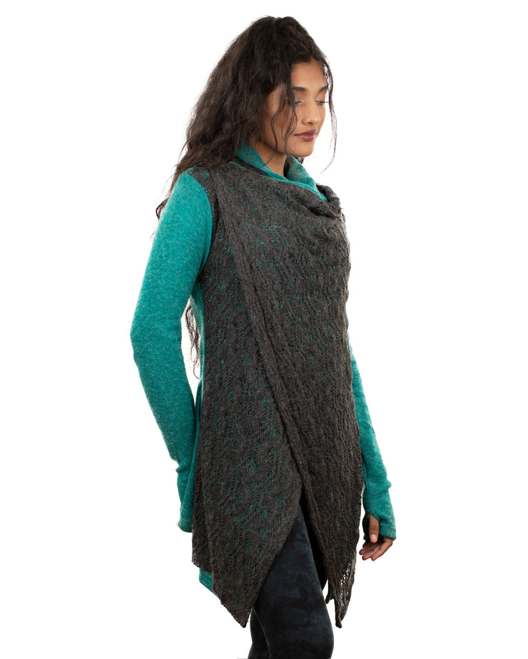 Lace Crochet Crossover Cardigan Turquoise/Grey