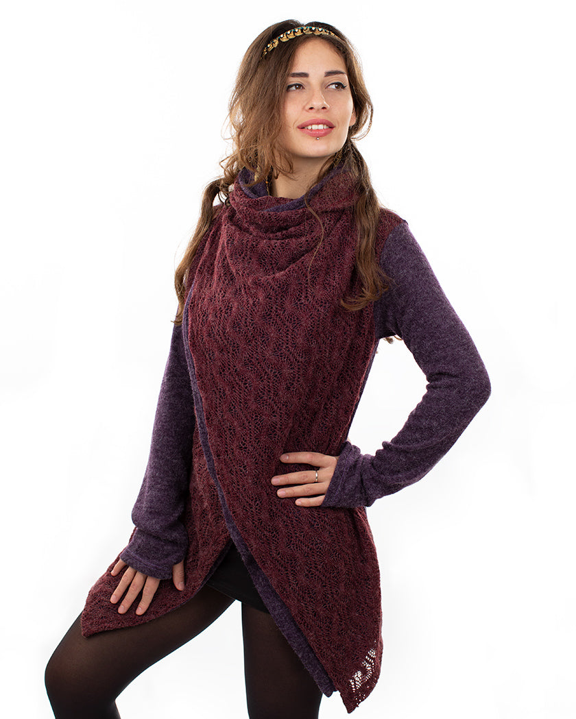 LACE CROCHET CROSSOVER CARDIGAN PURPLE/WINE