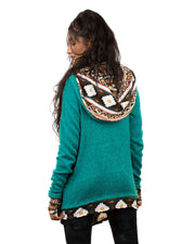 Aztec Hooded Cardigan Jacket  Turquoise/Brown