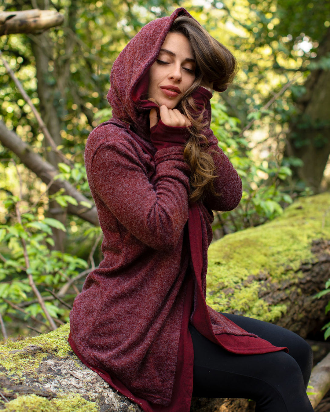 Enchanting Hooded Wrap Cardigan Wine