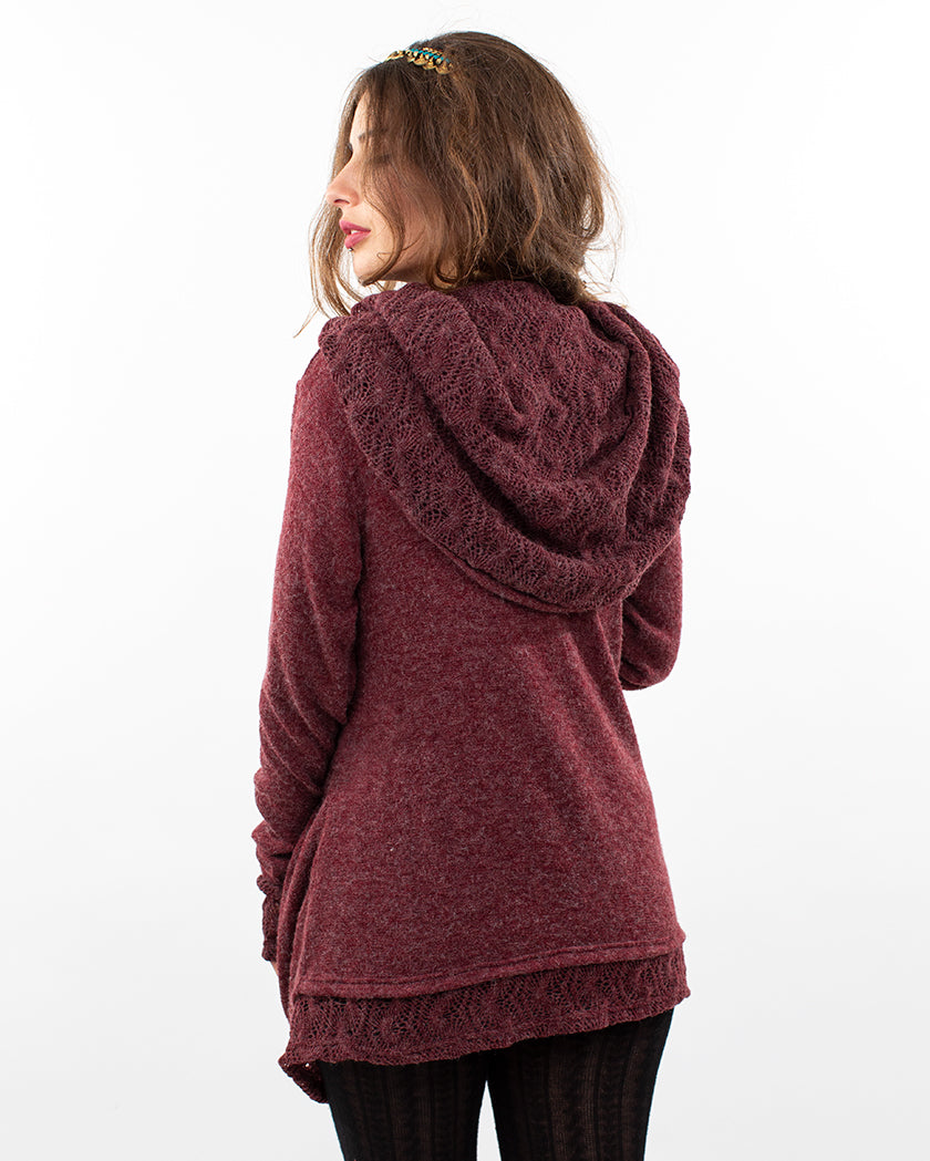 Solstice Crochet Lace Hooded Cardigan Jacket Wine/Red