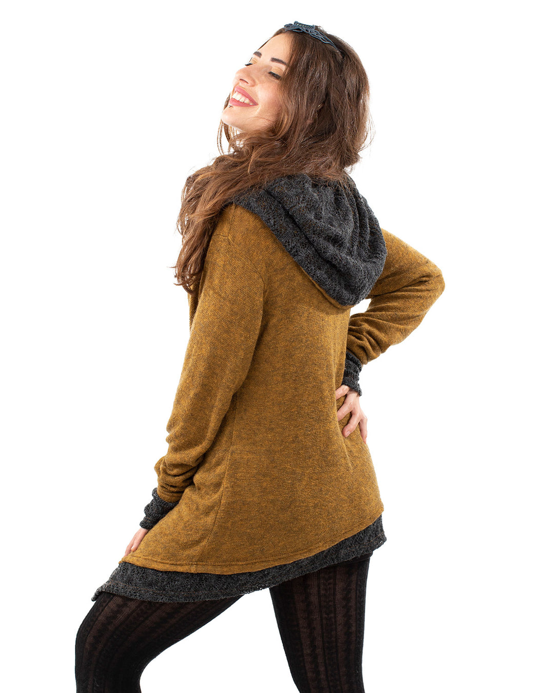 Solstice Crochet Lace Hooded Cardigan Jacket Camel/Grey