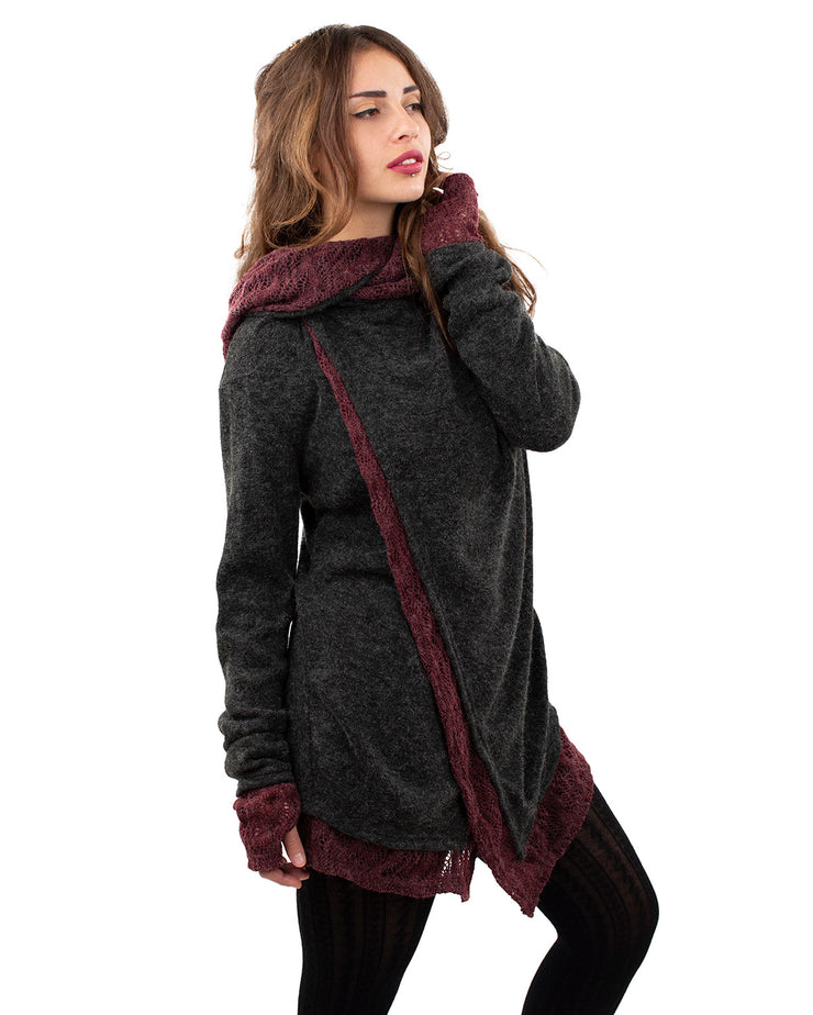 Solstice Crochet Lace Hooded Cardigan Jacket Charcoal/Wine