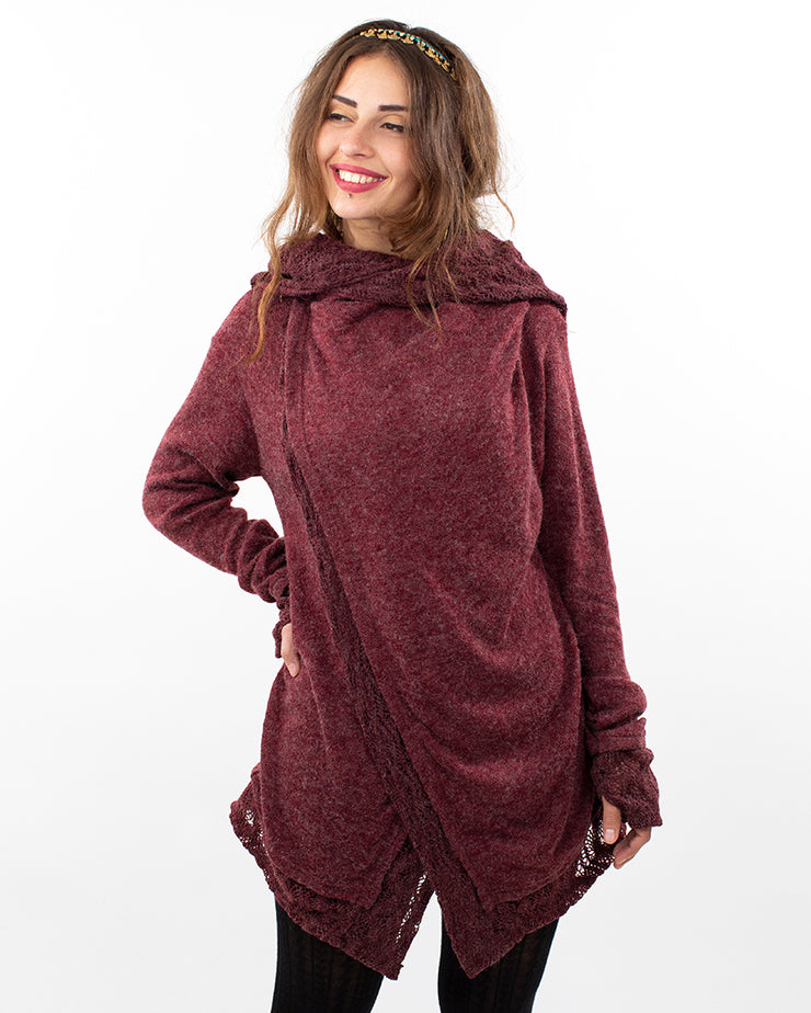 Solstice Crochet Lace Hooded Cardigan Jacket Wine/Red