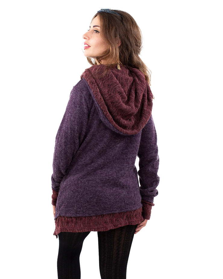 Solstice Crochet Lace Hooded Cardigan Jacket Purple/Wine