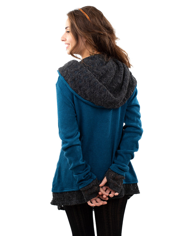 Solstice Crochet Lace Hooded Cardigan Jacket Teal/Grey