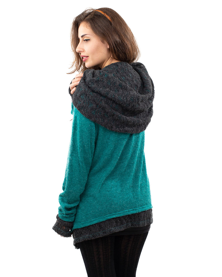 Solstice Crochet Lace Hooded Cardigan Jacket Turquoise/Grey