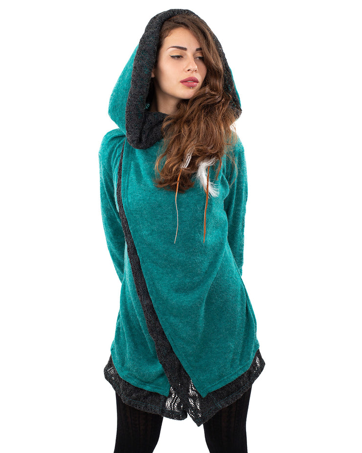 Solstice Crochet Lace Hooded Cardigan Jacket Turquoise/Grey