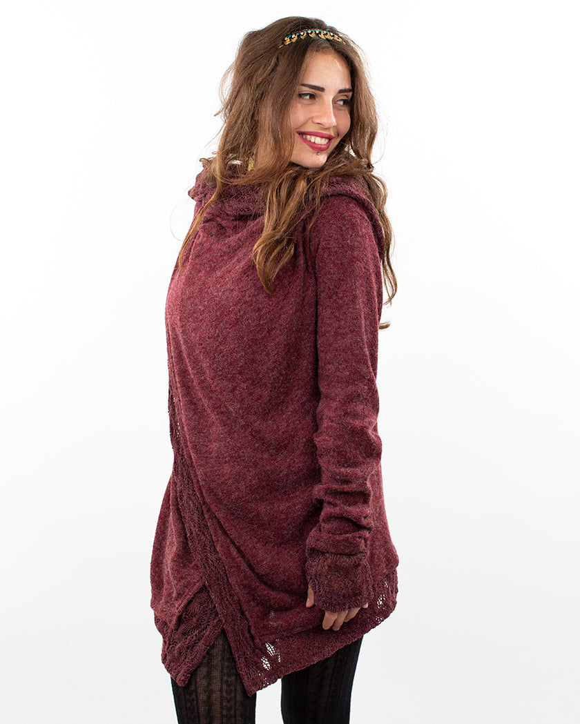 Solstice Crochet Lace Hooded Cardigan Jacket Wine/Red