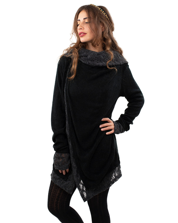 Solstice Crochet Lace Hooded Cardigan Jacket Black/Grey