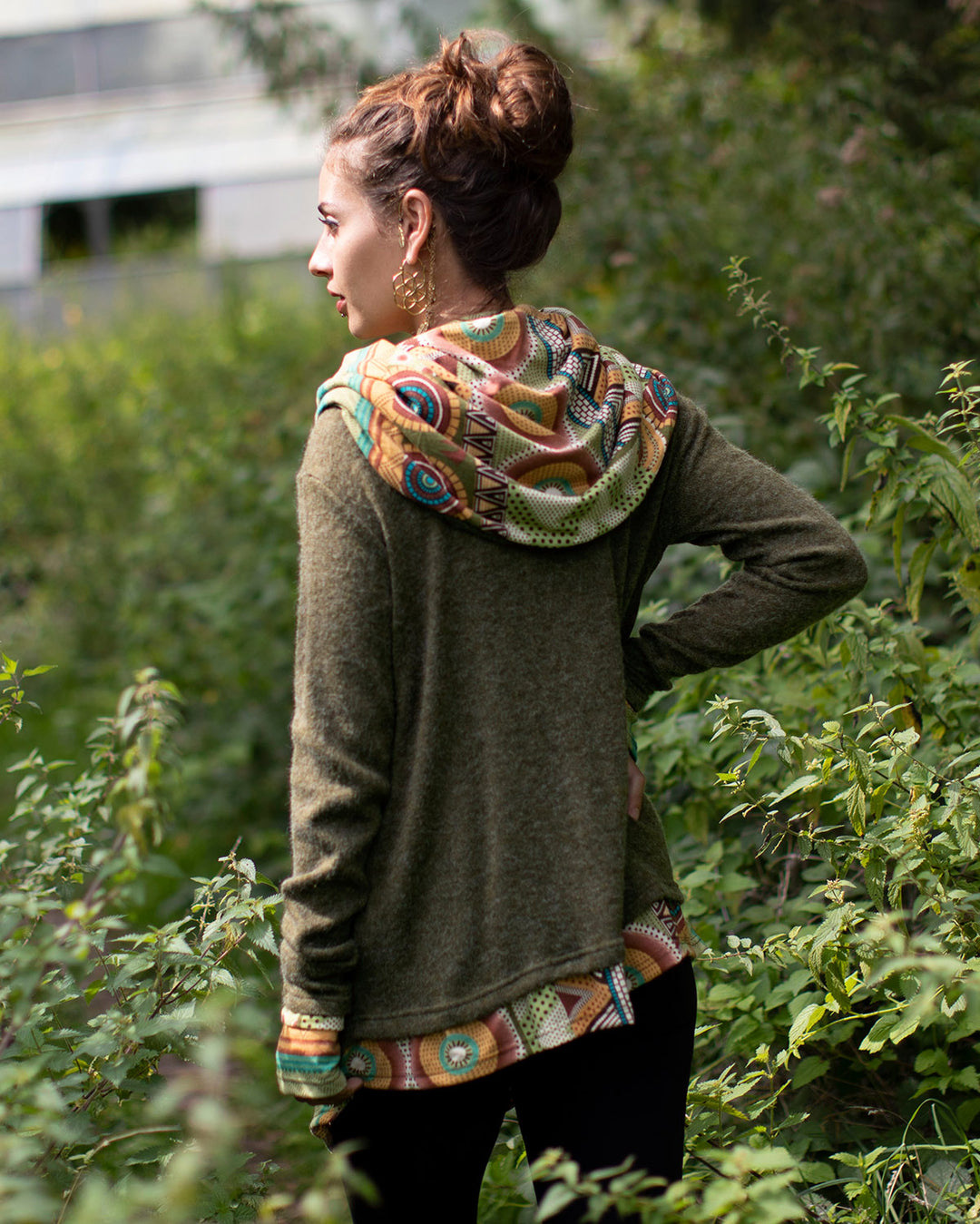 Aztec Hooded Cardigan Jacket Olive Green