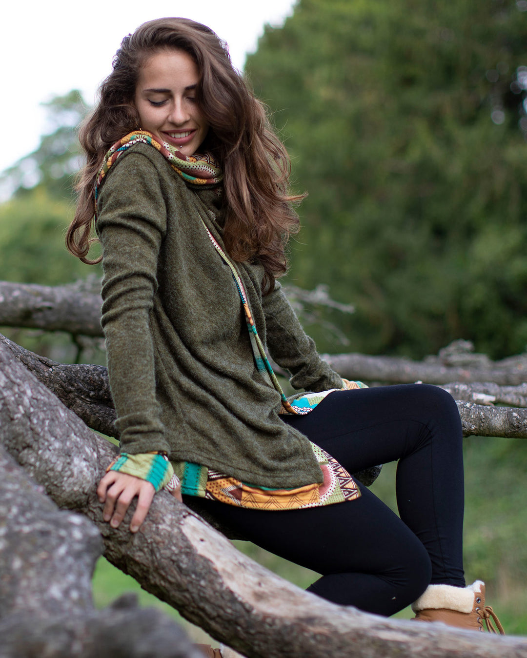Aztec Hooded Cardigan Jacket Olive Green