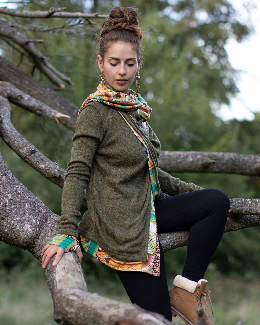 Aztec Hooded Cardigan Jacket Olive Green