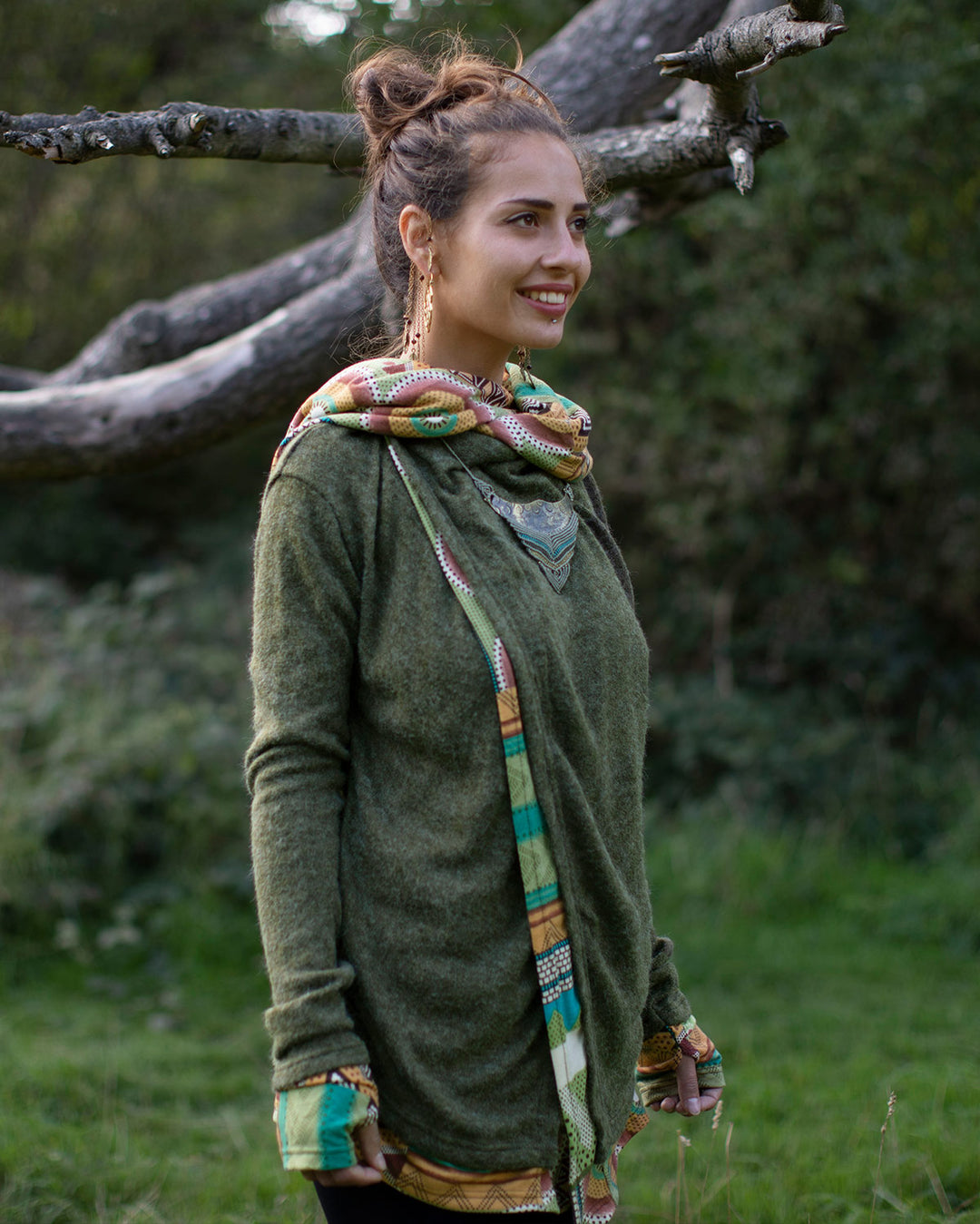 Aztec Hooded Cardigan Jacket Olive Green