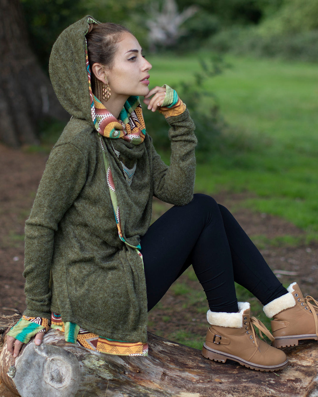 Aztec Hooded Cardigan Jacket Olive Green