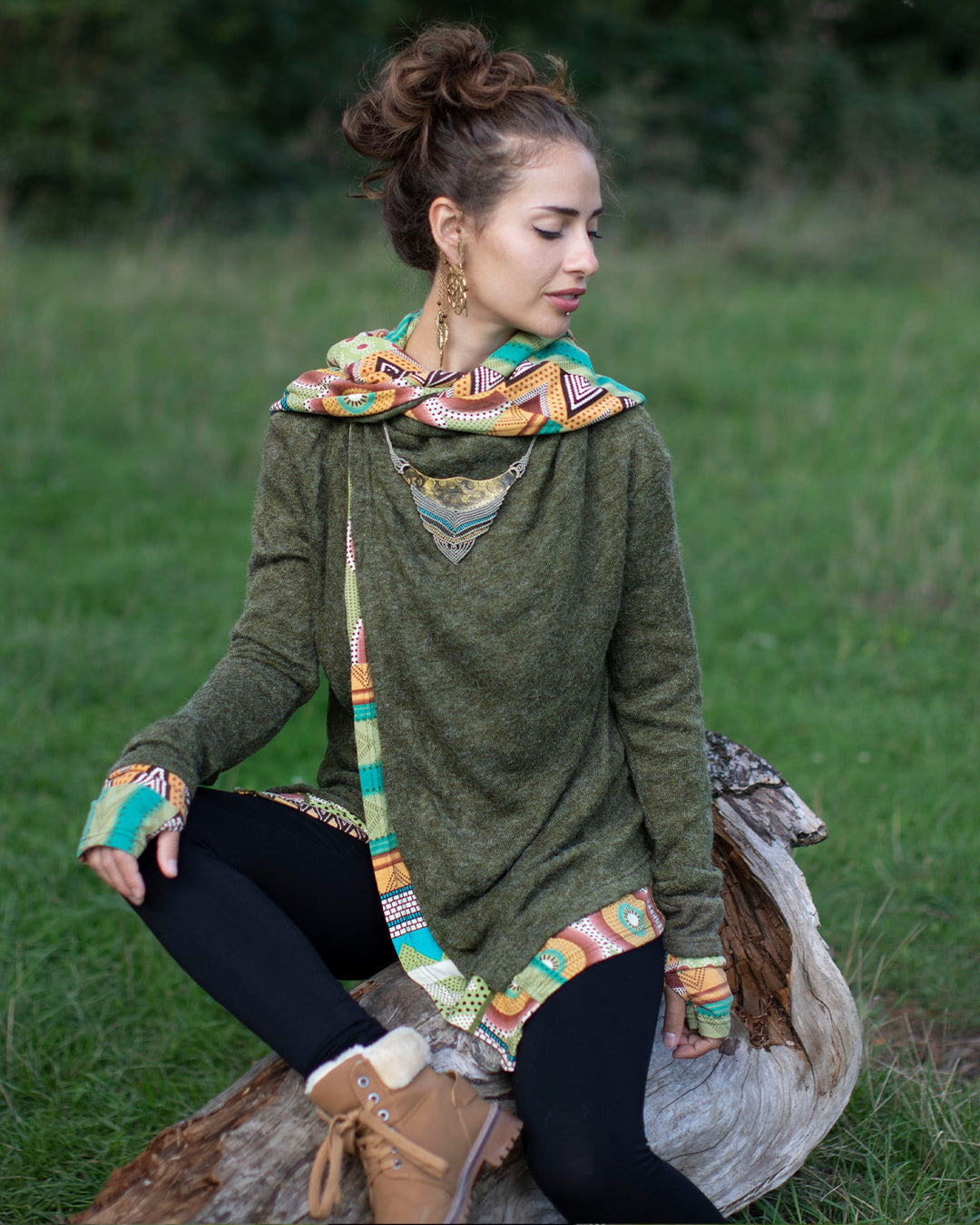 Aztec Hooded Cardigan Jacket Olive Green