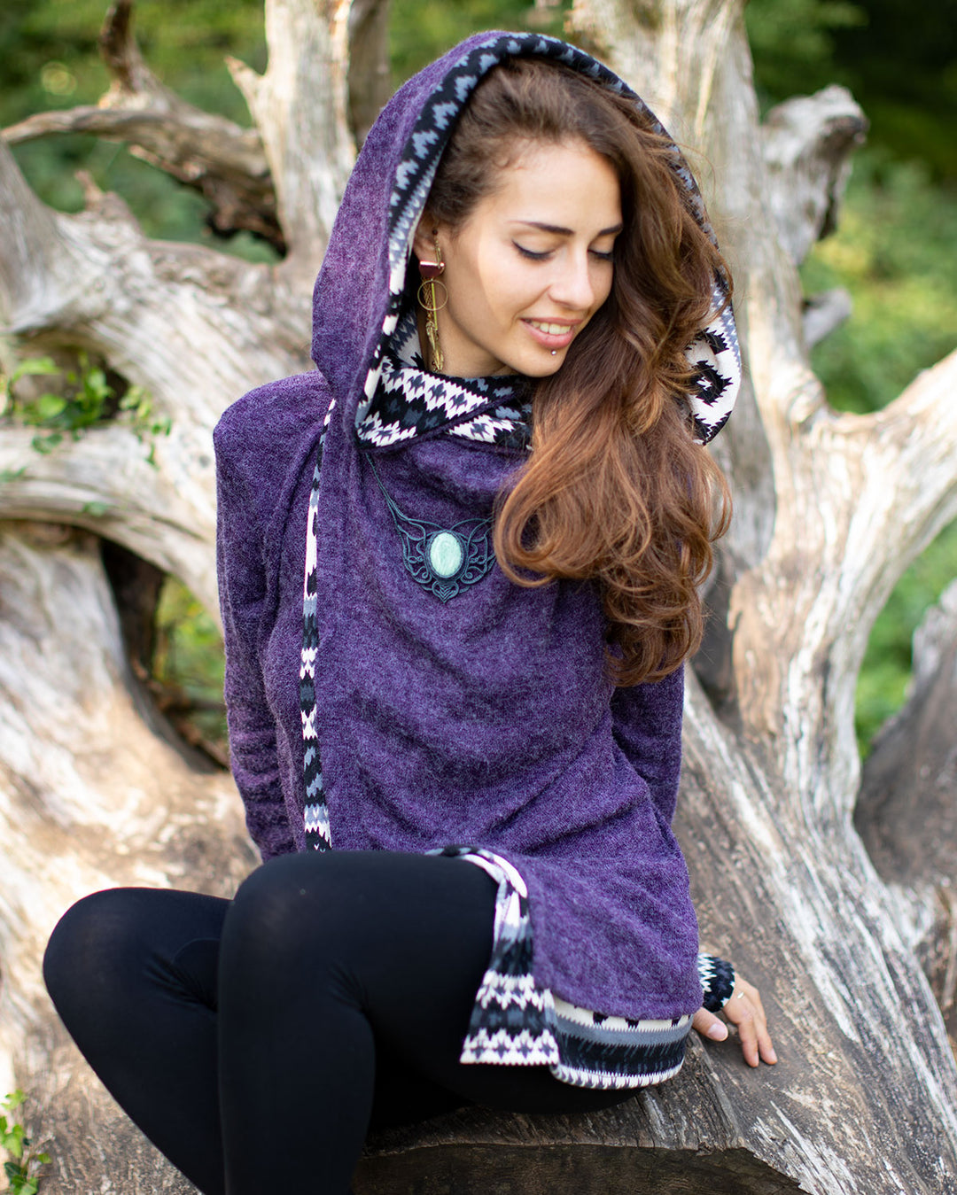 Aztec Hooded Cardigan Jacket Purple