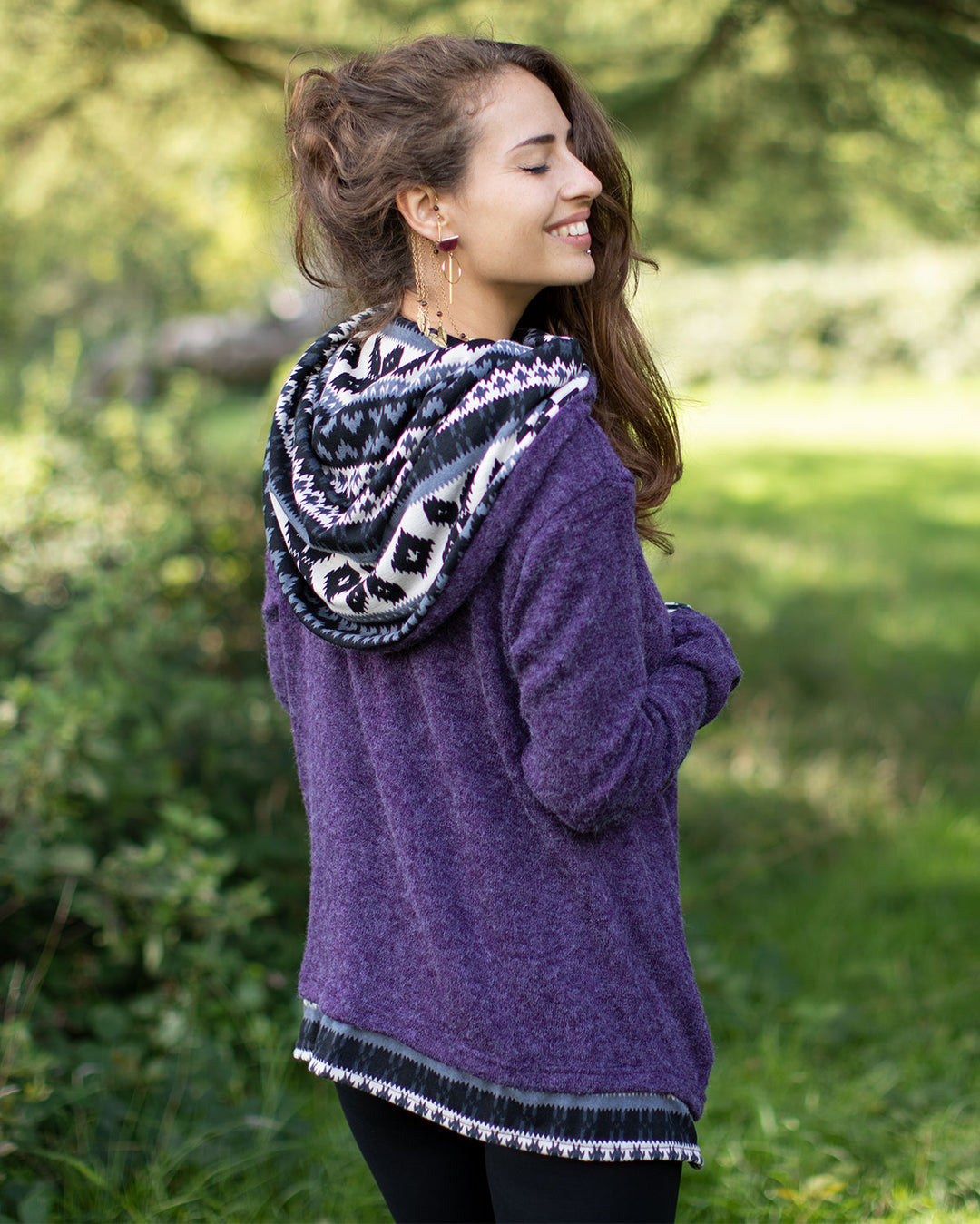 Aztec Hooded Cardigan Jacket Purple