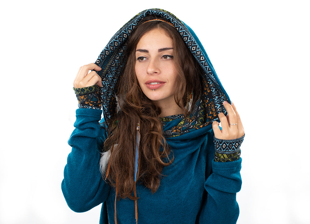 Aztec Hooded Cardigan Jacket Teal