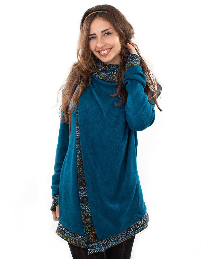 Aztec Hooded Cardigan Jacket Teal