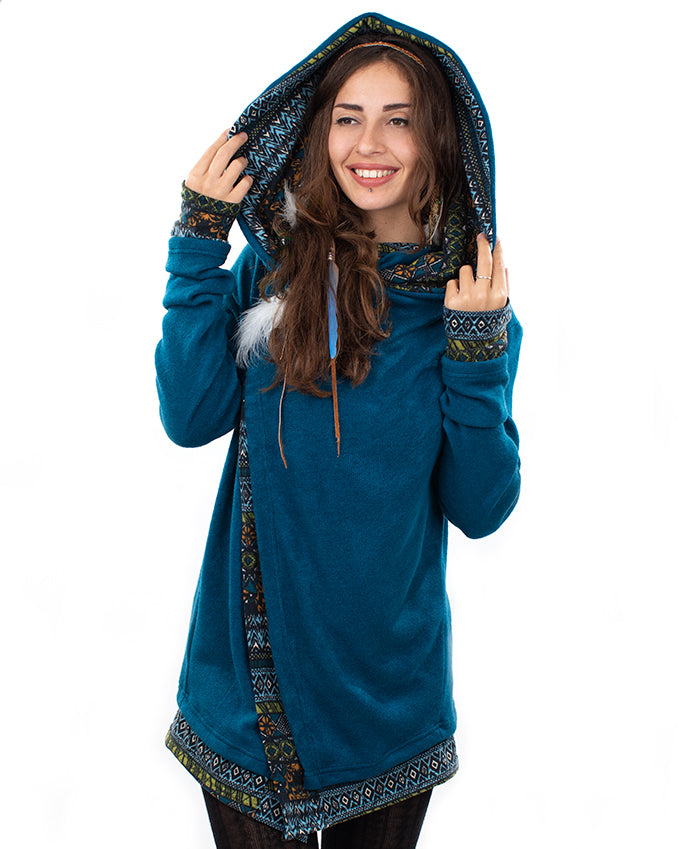 Aztec Hooded Cardigan Jacket Teal / Diamond