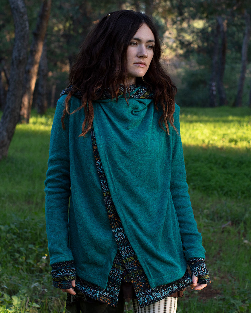 Aztec Hooded Cardigan Jacket Turquoise / Diamond