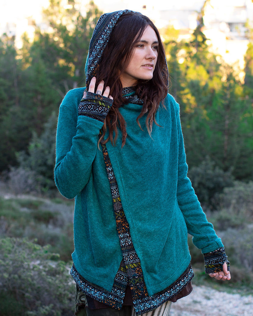 Aztec Hooded Cardigan Jacket Turquoise / Diamond