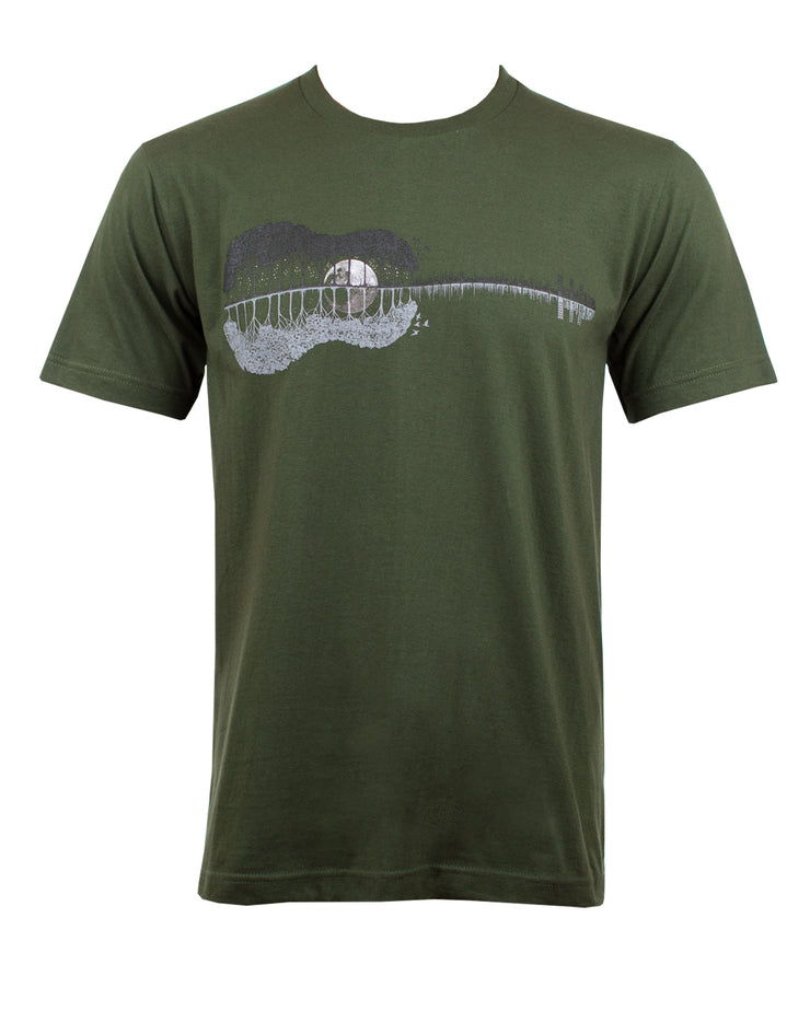Guitar Nature Reflection Moon T-shirt Army Green