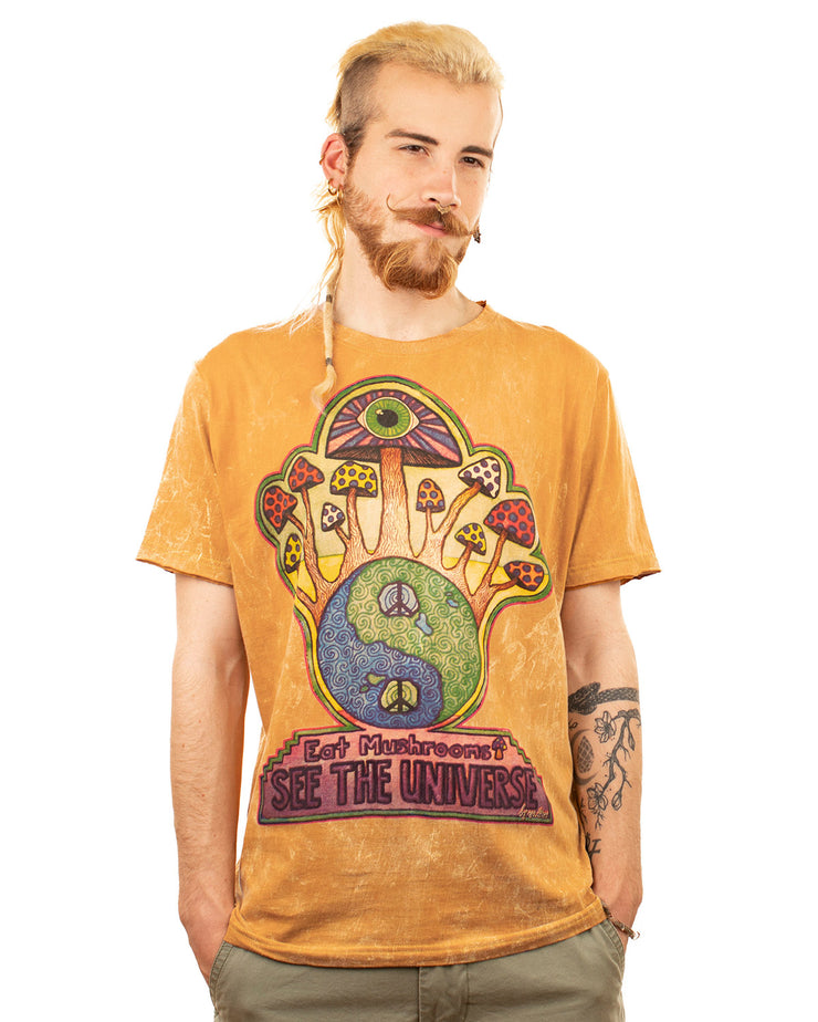 Stonewash Eat Mushrooms See The Universe Cotton T-shirt Yellow