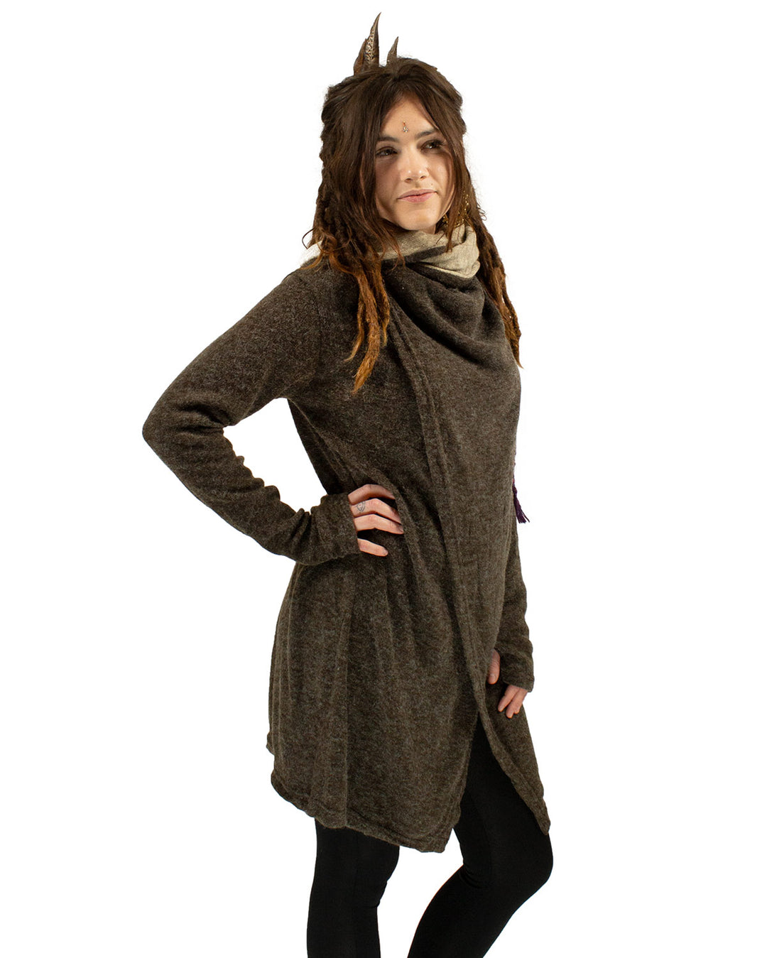 HOODED LONG CARDIGAN JACKET BROWN