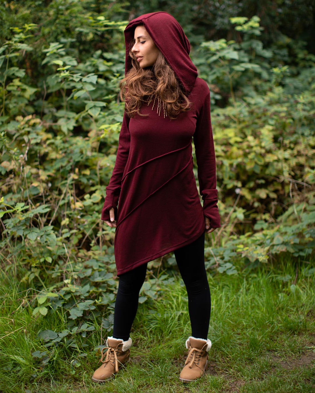 Hooded Pixie Dress Wine Red