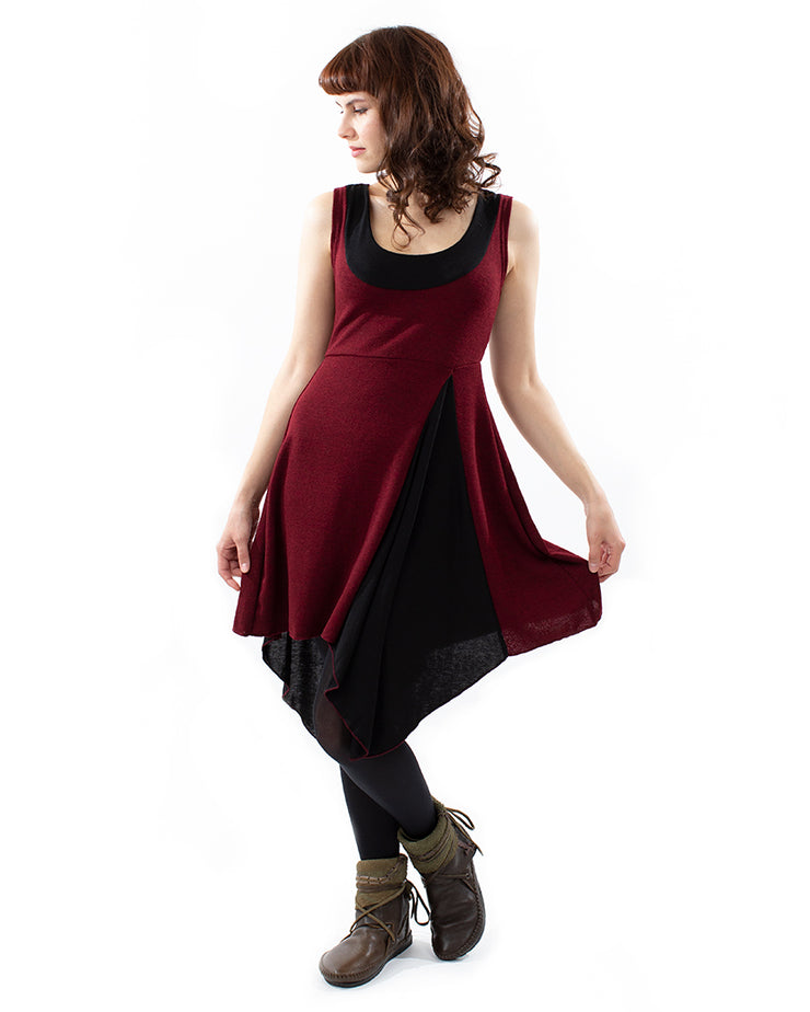PIXIE POINTED ASYMMETRIC DRESS RED & BLACK