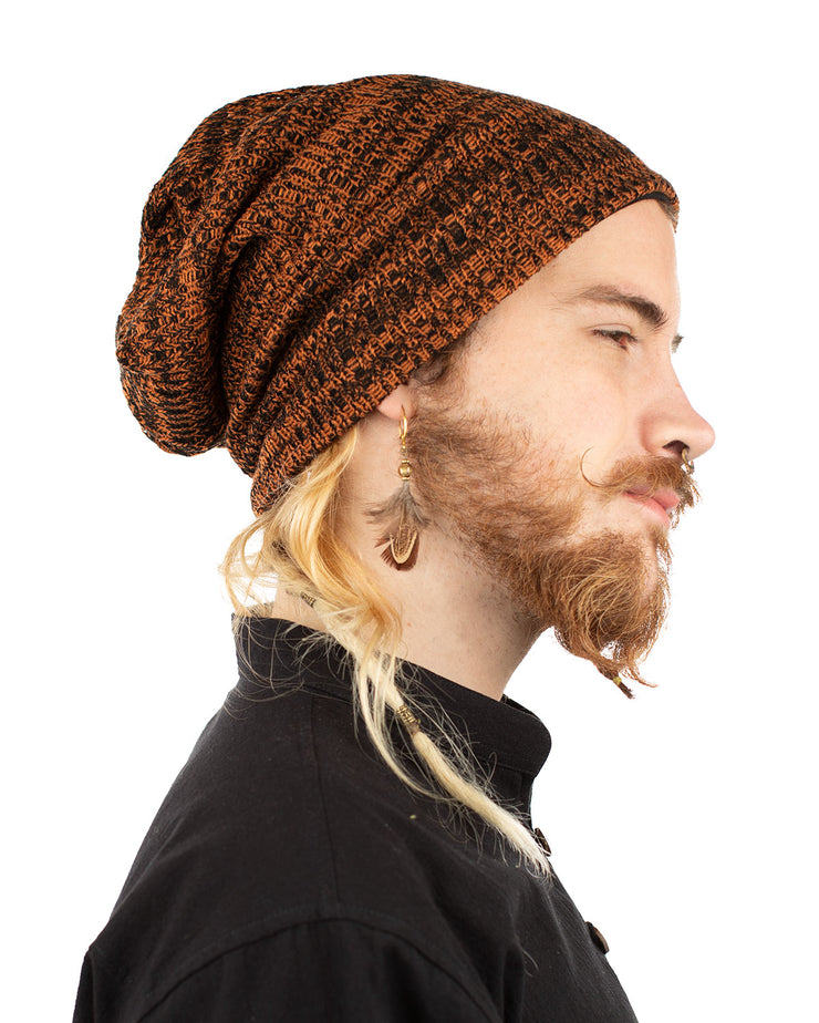 Woven Cotton Slouch Beanie Hat Orange/Black Stripes