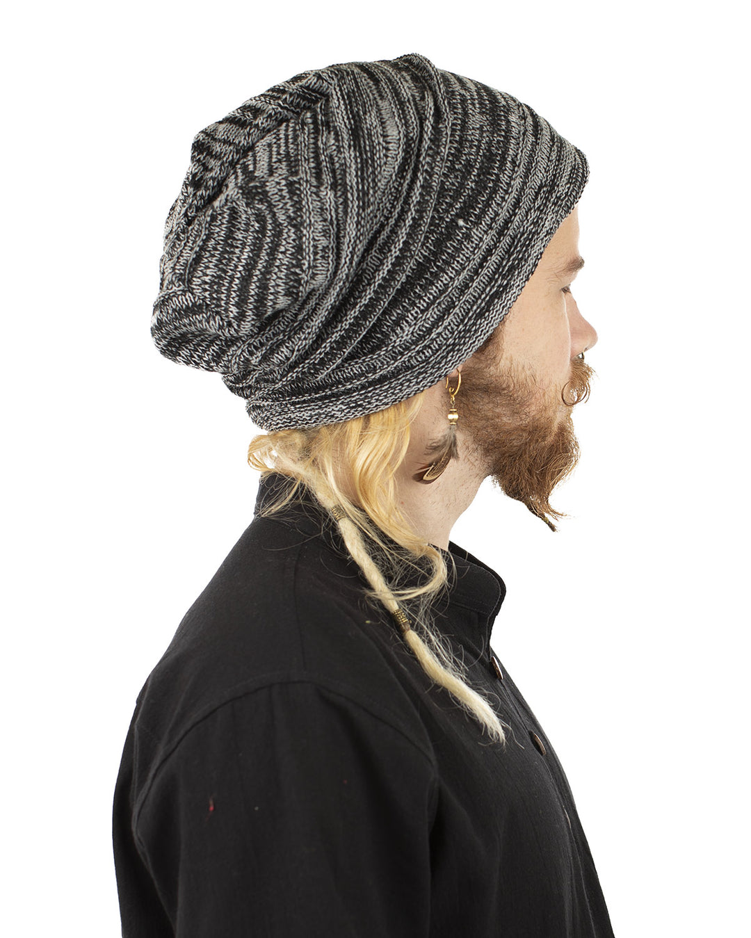 Woven Cotton Slouch Beanie Hat Black/Grey