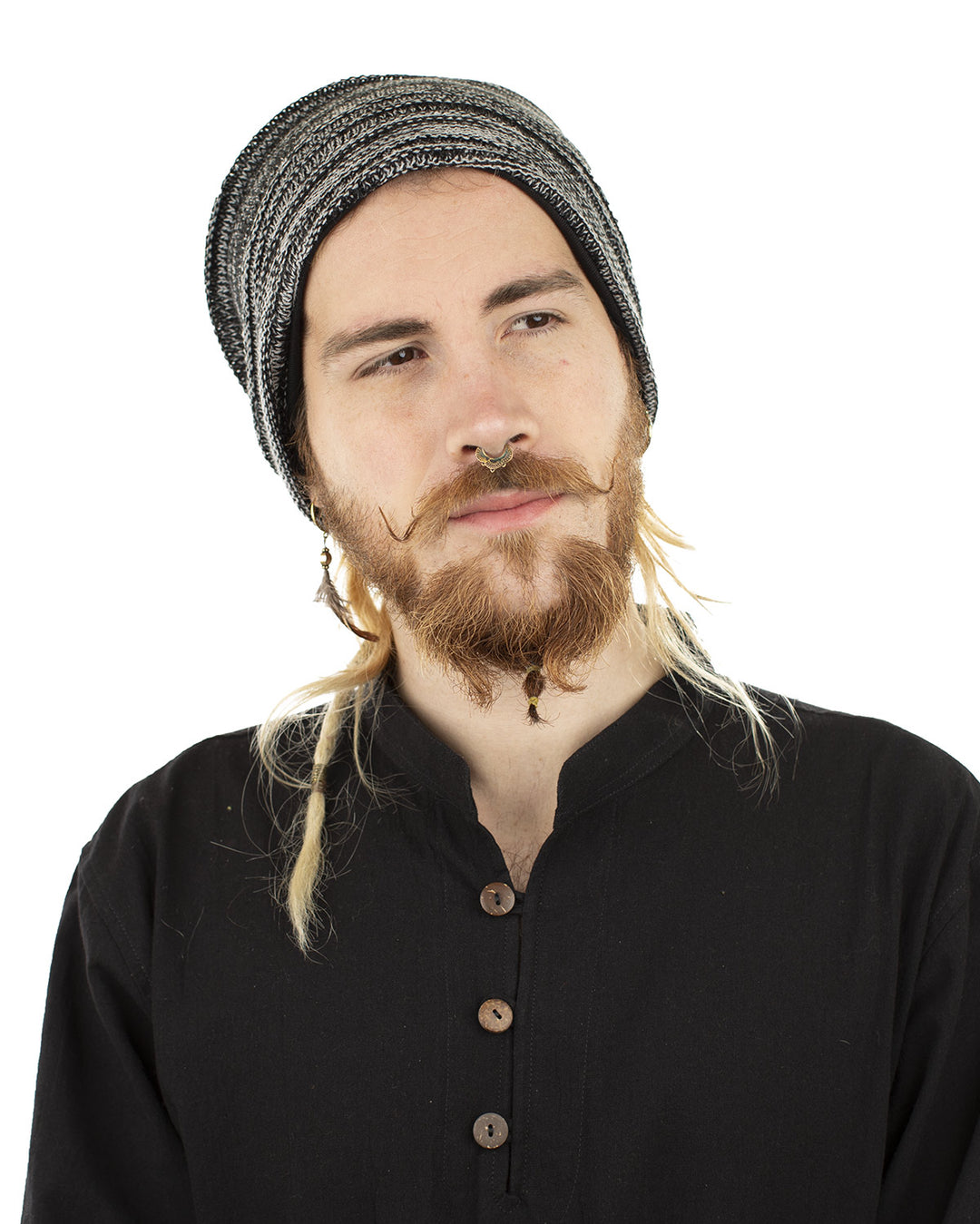 Woven Cotton Slouch Beanie Hat Black/Grey