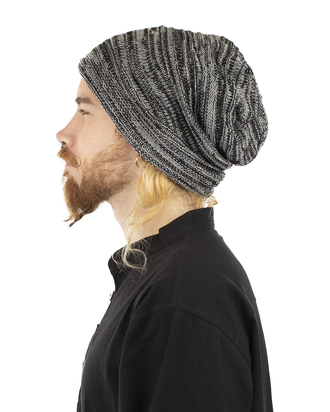 Woven Cotton Slouch Beanie Hat Black/Grey