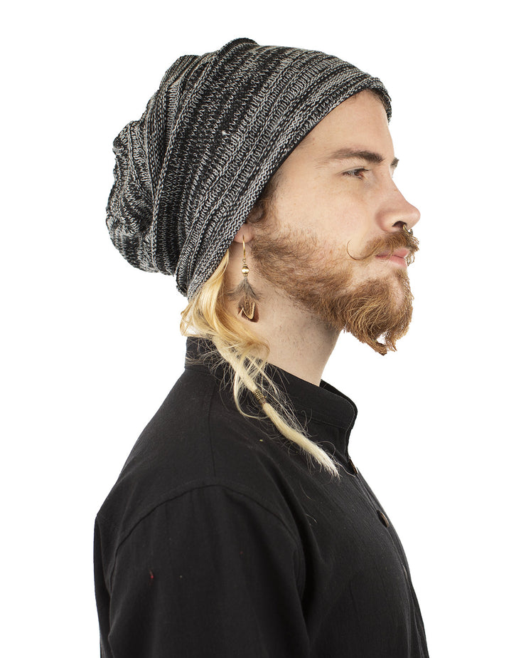 Woven Cotton Slouch Beanie Hat Black/Grey